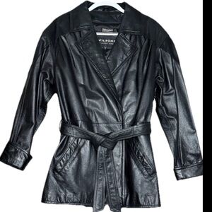 WILSONS BLACK Leather Button TRENCH COAT Women’s XL Zip Thinsulate Lining, belt